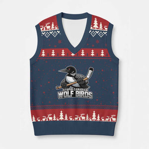 Stupid Canadian Wolf Birds V-Neck Knit Sweater Vest Funny Common Loon Viral Hockey Romance TS02 Navy Red Print Your Wear