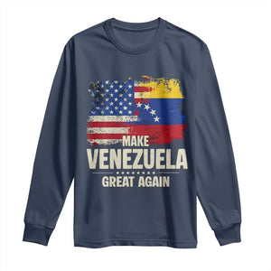 Make Venezuela Great Again Long Sleeve Shirt Distressed US and Venezuela Flag Unity TS02 Navy Print Your Wear