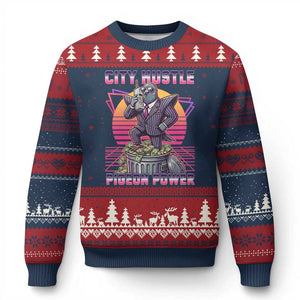 Retro City Hustle Pigeon Power Ugly Christmas Sweater Funny 80s Style Money Bird Gangsta TS02 Navy Red Print Your Wear