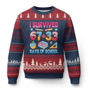 I Survived 67 Plus 33 100 Days of School Ugly Christmas Sweater Six Seven Meme Colorful Math Humor TS02 Navy Red Print Your Wear