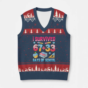I Survived 67 Plus 33 100 Days of School V-Neck Knit Sweater Vest Six Seven Meme Colorful Math Humor TS02 Navy Red Print Your Wear