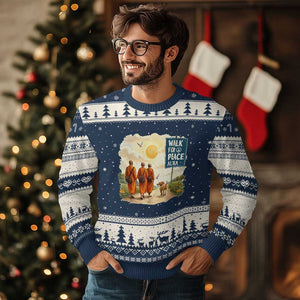 Walk For Peace Aloka the Dog and Monks Ugly Christmas Sweater TS02 Navy Beige Print Your Wear