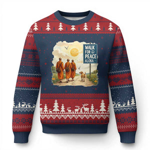 Walk For Peace Aloka the Dog and Monks Ugly Christmas Sweater TS02 Navy Red Print Your Wear