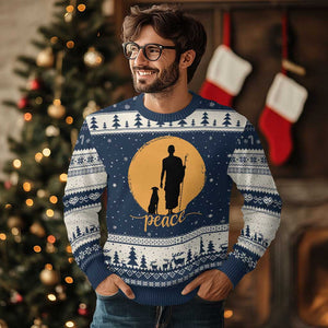 Monk and Dog Silhouette Peace Ugly Christmas Sweater Spiritual Walk for Peace Sunset TS02 Navy Beige Print Your Wear