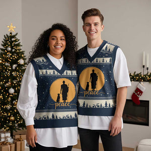 Monk and Dog Silhouette Peace V-Neck Knit Sweater Vest Spiritual Walk for Peace Sunset TS02 Navy Beige Print Your Wear