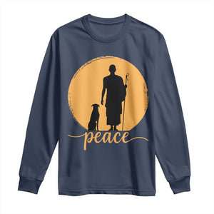 Monk and Dog Silhouette Peace Long Sleeve Shirt Spiritual Walk for Peace Sunset TS02 Navy Print Your Wear