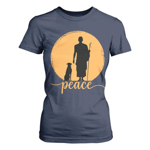 Monk and Dog Silhouette Peace T Shirt For Women Spiritual Walk for Peace Sunset TS02 Navy Print Your Wear