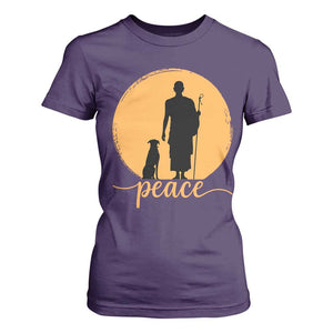 Monk and Dog Silhouette Peace T Shirt For Women Spiritual Walk for Peace Sunset TS02 Purple Print Your Wear