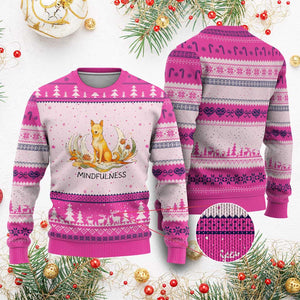 Mindful Aloka the Dog Mindfulness Ugly Christmas Sweater Zen Lotus Spiritual Calm TS02 Hot Pink Print Your Wear