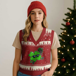 Funny Basketball Shamrock V-Neck Knit Sweater Vest Dunking Sports Player St. Patrick's Day TS02 Red Beige Print Your Wear