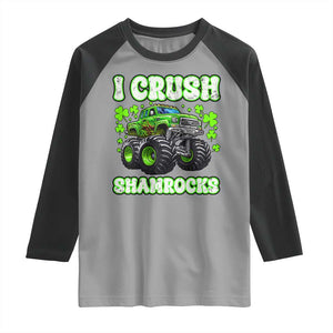 Funny St Patricks Day Monster Truck Raglan Shirt I Crush Shamrocks Retro TS02 Sport Gray Black Print Your Wear