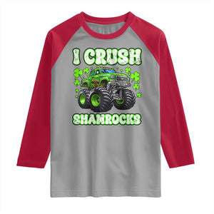 Funny St Patricks Day Monster Truck Raglan Shirt I Crush Shamrocks Retro TS02 Sport Gray Red Print Your Wear