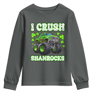 Funny St Patricks Day Monster Truck Youth Sweatshirt I Crush Shamrocks Retro TS02 Dark Heather Print Your Wear