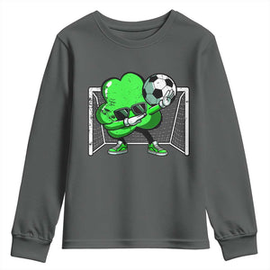 Funny Soccer Shamrock Youth Sweatshirt Dabbing Player St. Patrick's Day TS02 Dark Heather Print Your Wear