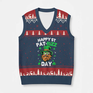 Happy St Pat Rizz Day V-Neck Knit Sweater Vest Funny St. Patrick's Day Leprechaun TS02 Navy Red Print Your Wear