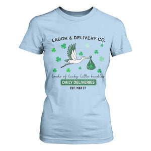 St Patrick's Day Lucky L&D Nurse T Shirt For Women Labor And Delivery Shamrock TS02 Light Blue Print Your Wear