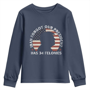 Iran Forgot Our President Has 34 Felonies Youth Sweatshirt Funny Political Satire Patriotic TS02 Navy Print Your Wear