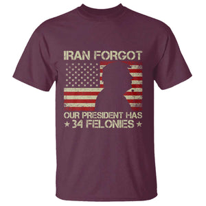 Iran Forgot Our President Has 34 Felonies T Shirt - Funny Political Satire Patriotic Flag TS02 Maroon Print Your Wear