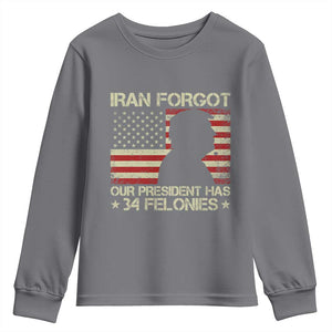 Iran Forgot Our President Has 34 Felonies Youth Sweatshirt Funny Political Satire Patriotic Flag TS02 Charcoal Print Your Wear