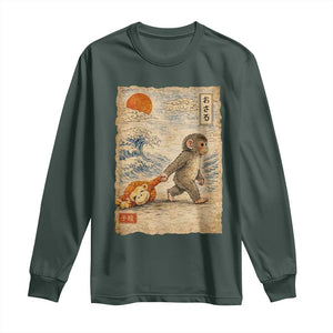 Baby Punch the Monkey Japanese Style Graphic Long Sleeve Shirt Dragging Plush Toy Vintage Art Gift TS02 Dark Forest Green Print Your Wear