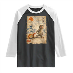 Baby Punch the Monkey Japanese Style Graphic Raglan Shirt Dragging Plush Toy Vintage Art Gift TS02 Black White Print Your Wear