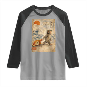 Baby Punch the Monkey Japanese Style Graphic Raglan Shirt Dragging Plush Toy Vintage Art Gift TS02 Sport Gray Black Print Your Wear