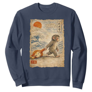 Baby Punch the Monkey Japanese Style Graphic Sweatshirt Dragging Plush Toy Vintage Art Gift TS02 Navy Print Your Wear