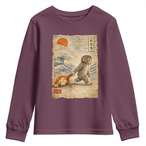 Baby Punch the Monkey Japanese Style Graphic Youth Sweatshirt Dragging Plush Toy Vintage Art Gift TS02 Maroon Print Your Wear