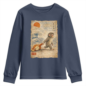 Baby Punch the Monkey Japanese Style Graphic Youth Sweatshirt Dragging Plush Toy Vintage Art Gift TS02 Navy Print Your Wear