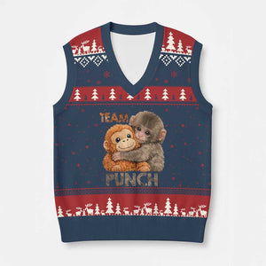 Team Punch Viral Baby Monkey V-Neck Knit Sweater Vest Cute Monkey Hugging Plush Toy Internet Trend Gift TS02 Navy Red Print Your Wear