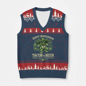 Dirty Sanchezs Tacos and Beer Funny Fiesta V-Neck Knit Sweater Vest Cerveza Cold as Your Exes Heart Mexican Party Humor TS02 Navy Red Print Your Wear
