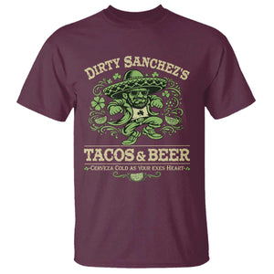 Dirty Sanchezs Tacos and Beer Funny Fiesta T Shirt Cerveza Cold as Your Exes Heart Mexican Party Humor TS02 Maroon Print Your Wear