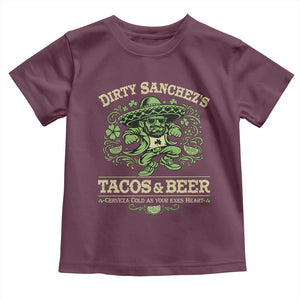 Dirty Sanchezs Tacos and Beer Funny Fiesta Toddler T Shirt Cerveza Cold as Your Exes Heart Mexican Party Humor TS02 Maroon Print Your Wear