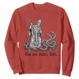Go On Now Git Funny Saint Patrick Banishing Snakes Sweatshirt Irish History Humor St Patricks Day TS02 Red Print Your Wear