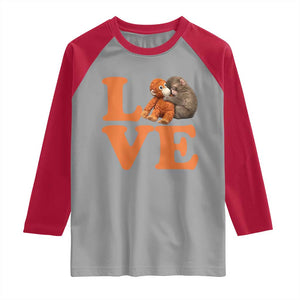 Love Punch the Baby Monkey Raglan Shirt Cute Hugging Plush Toy Viral Friendship TS02 Sport Gray Red Print Your Wear