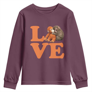 Love Punch the Baby Monkey Youth Sweatshirt Cute Hugging Plush Toy Viral Friendship TS02 Maroon Print Your Wear