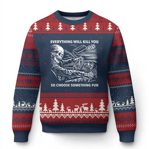 Funny Skeleton Driver Dark Humor Ugly Christmas Sweater Everything Will Kill You So Choose Something Fun TS02 Navy Red Print Your Wear
