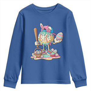 Funny Baseball Easter Bunny Graphic Youth Sweatshirt Colorful Drip Egg Hunt Sports Mashup TS02 Royal Blue Print Your Wear