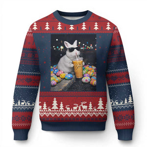 Cool Easter Bunny Drinking Iced Coffee Graphic Ugly Christmas Sweater Funny Sunglasses Rabbit Spring Aesthetic TS02 Navy Red Print Your Wear