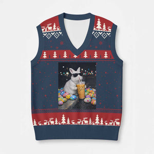 Cool Easter Bunny Drinking Iced Coffee Graphic V-Neck Knit Sweater Vest Funny Sunglasses Rabbit Spring Aesthetic TS02 Navy Red Print Your Wear