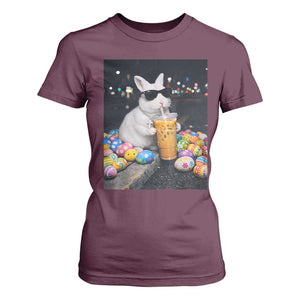 Cool Easter Bunny Drinking Iced Coffee Graphic T Shirt For Women Funny Sunglasses Rabbit Spring Aesthetic TS02 Maroon Print Your Wear
