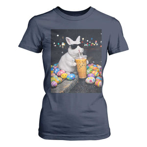 Cool Easter Bunny Drinking Iced Coffee Graphic T Shirt For Women Funny Sunglasses Rabbit Spring Aesthetic TS02 Navy Print Your Wear