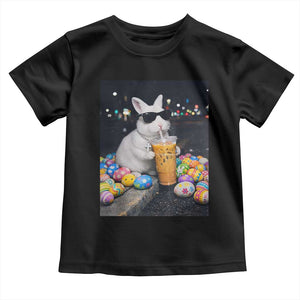 Cool Easter Bunny Drinking Iced Coffee Graphic Toddler T Shirt Funny Sunglasses Rabbit Spring Aesthetic TS02 Black Print Your Wear