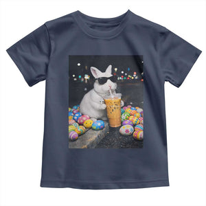 Cool Easter Bunny Drinking Iced Coffee Graphic Toddler T Shirt Funny Sunglasses Rabbit Spring Aesthetic TS02 Navy Print Your Wear