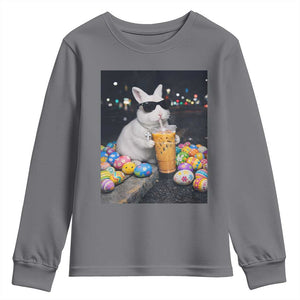 Cool Easter Bunny Drinking Iced Coffee Graphic Youth Sweatshirt Funny Sunglasses Rabbit Spring Aesthetic TS02 Charcoal Print Your Wear