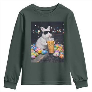 Cool Easter Bunny Drinking Iced Coffee Graphic Youth Sweatshirt Funny Sunglasses Rabbit Spring Aesthetic TS02 Dark Forest Green Print Your Wear