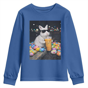 Cool Easter Bunny Drinking Iced Coffee Graphic Youth Sweatshirt Funny Sunglasses Rabbit Spring Aesthetic TS02 Royal Blue Print Your Wear