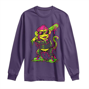 Neon Dripping Monkey Baseball Graphic Long Sleeve Shirt Ball Party Game Day Vibes TS02 Purple Print Your Wear