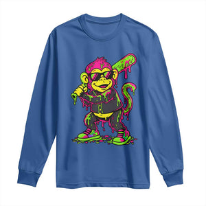 Neon Dripping Monkey Baseball Graphic Long Sleeve Shirt Ball Party Game Day Vibes TS02 Royal Blue Print Your Wear