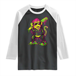 Neon Dripping Monkey Baseball Graphic Raglan Shirt Ball Party Game Day Vibes TS02 Black White Print Your Wear